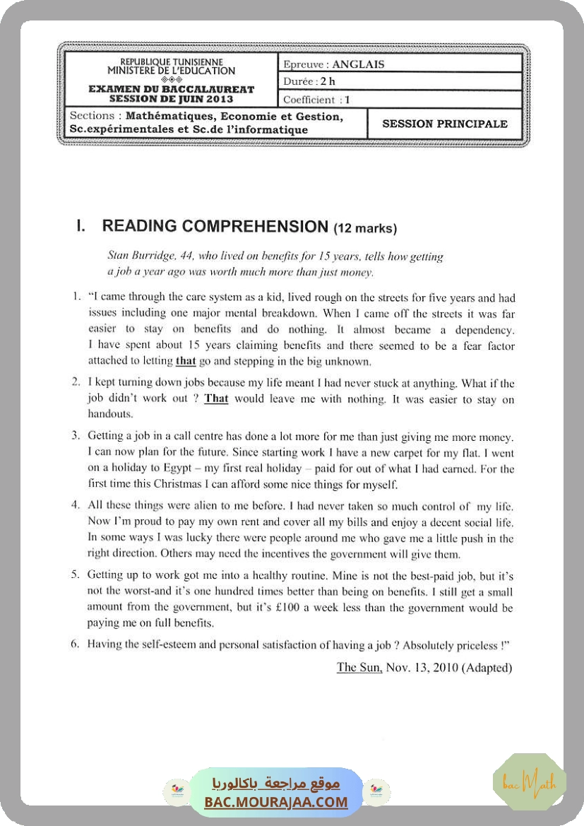 Sujet principale anglais Bac 2013 – Section math